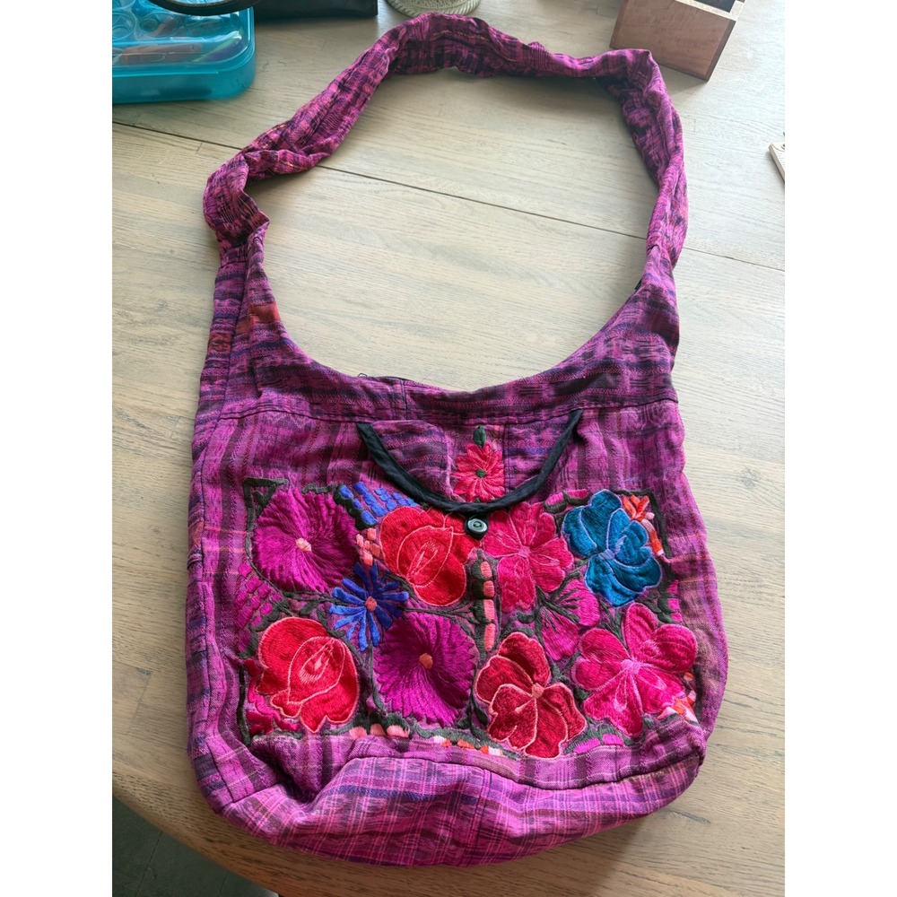 Boho Embroidered Floral Crossbody Bag Purple Woven Hobo Slouchy Shoulder Bag